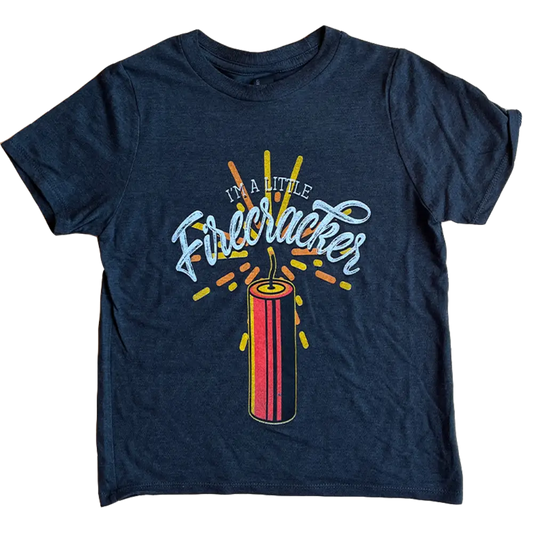 Navy blue t-shirt with a colorful ’Firecracker’ design featuring an illustrated firework.