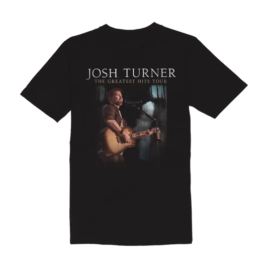 Black t-shirt featuring album artwork for Josh Turner’s ’The Greatest Hits Tour’.