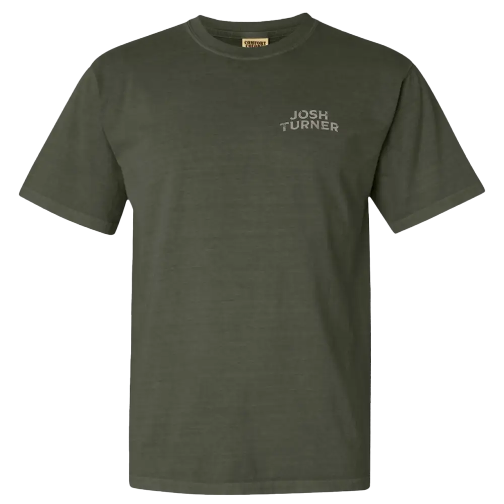 Dark green t-shirt with ’JOSH TURNER’ printed in small text on the upper left chest area.