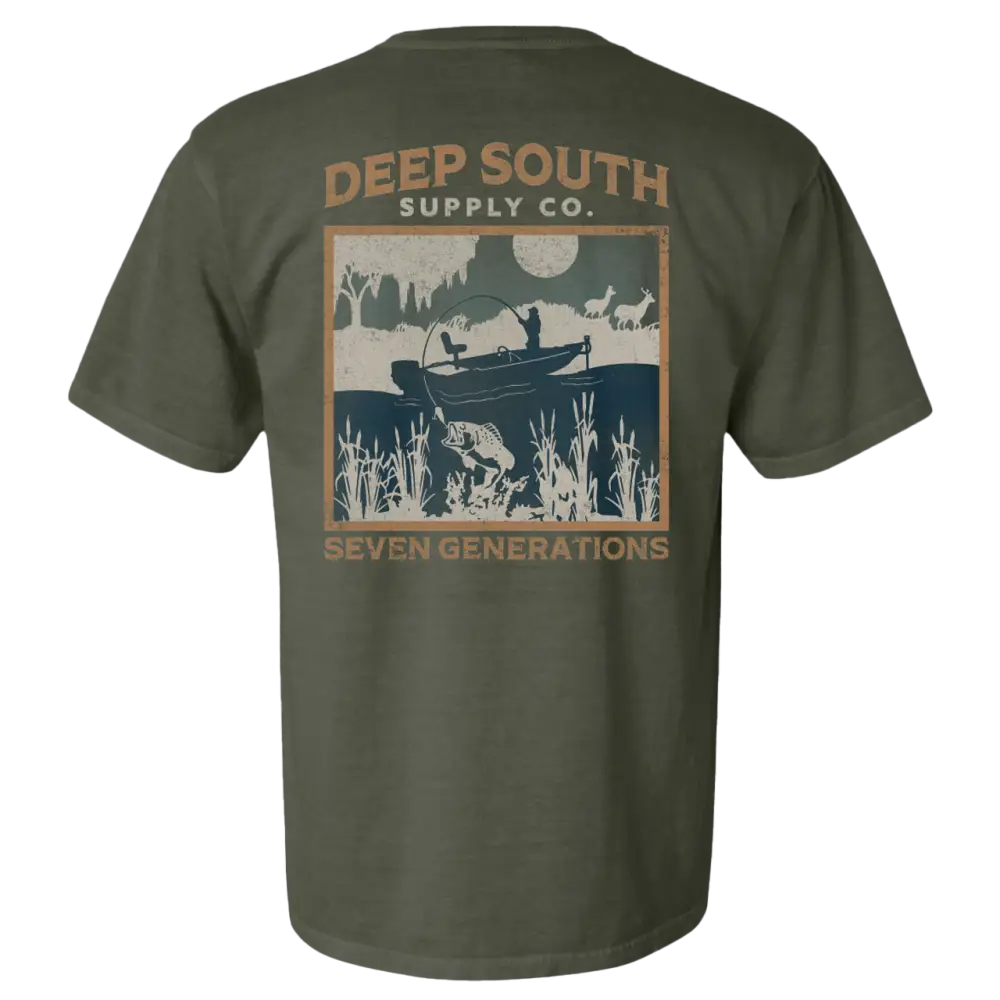 Olive green t-shirt with a fishing-themed graphic design on the back.