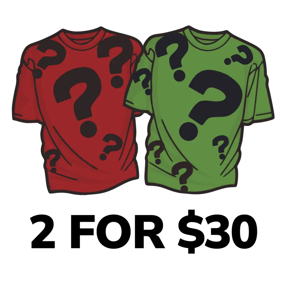 Red and green short-sleeved t-shirts featuring bold black question marks across the fabric.