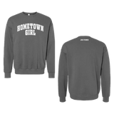 Gray ’hometown girl’ crewneck sweatshirt with white arched lettering across the chest and a small ’josh turner’ logo on the back.