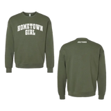 Olive green crewneck sweatshirt with ’hometown girl’ in white arched lettering across the chest and ’josh turner’ printed on the back neck.
