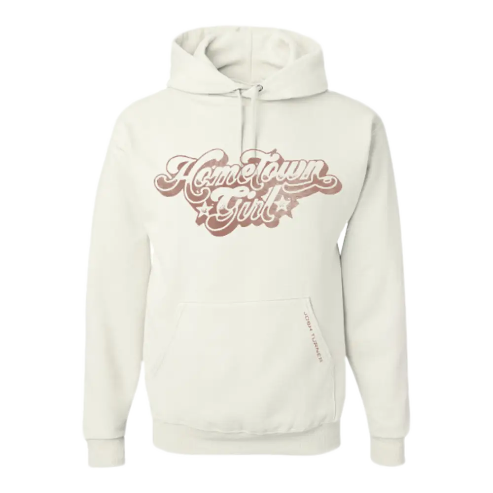 White hoodie sweatshirt with ’Hometown Girl’ text in retro-style pink lettering on the front.