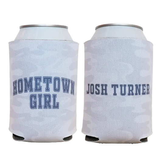 Two can coolers with 'Hometown Girl' and 'Josh Turner' text on a white background