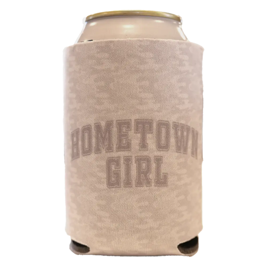 Beige textured fabric can cooler with ’hometown girl’ printed in a matching tone.