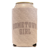 Beige textured fabric can cooler with ’hometown girl’ printed in a matching tone.