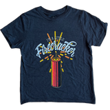 Navy blue t-shirt with a colorful ’Firecracker’ design featuring an illustrated firework.