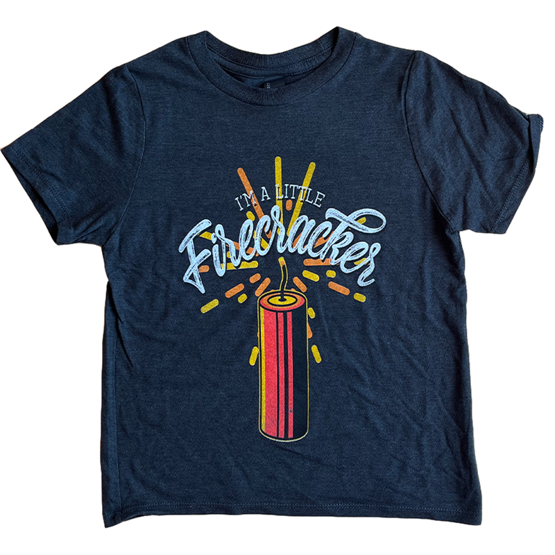 Navy blue t-shirt with a colorful ’Firecracker’ design featuring an illustrated firework.