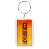 Keychain with a rectangular orange-tinted plastic tag displaying the word ’FORETURNER’.