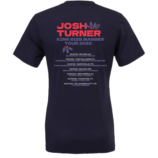 Navy blue t-shirt with red text advertising Josh Turner’s ’King Size Manger Tour 2022’’ and listing tour dates.