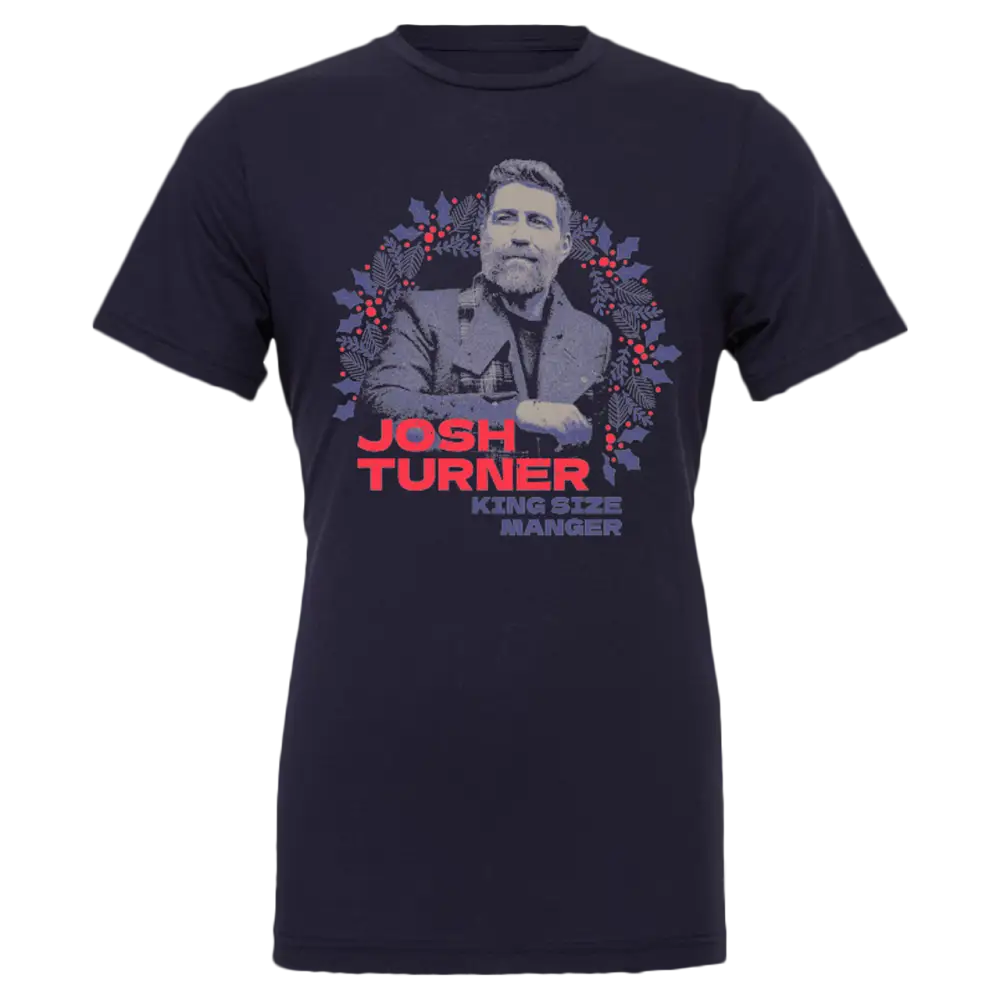 Navy blue t-shirt featuring a grayscale portrait and red text reading ’Josh Turner’.