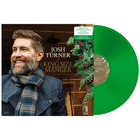 Green vinyl record album titled ’King Size Manger’ by Josh Turner, with Christmas wreath decoration on the cover.