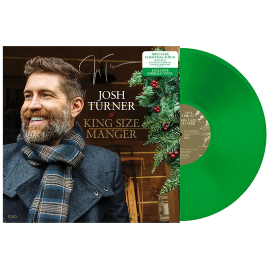Green vinyl record album titled ’King Size Manger’ by Josh Turner, with Christmas-themed cover art.