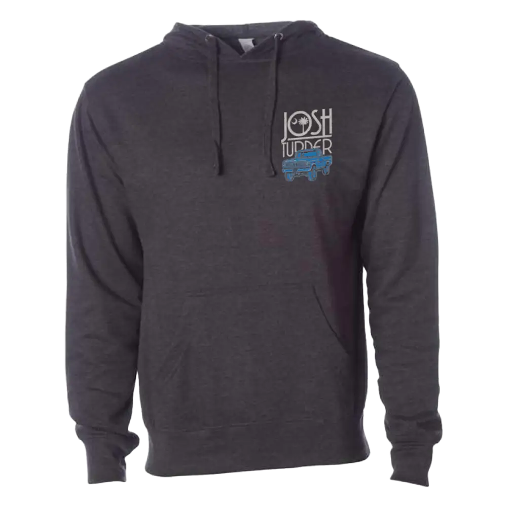Dark gray hooded sweatshirt with a small logo on the chest.