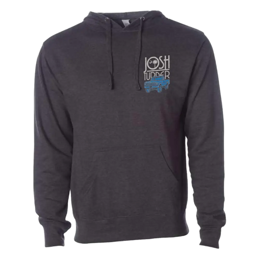 Dark gray hooded sweatshirt with a small logo on the chest.