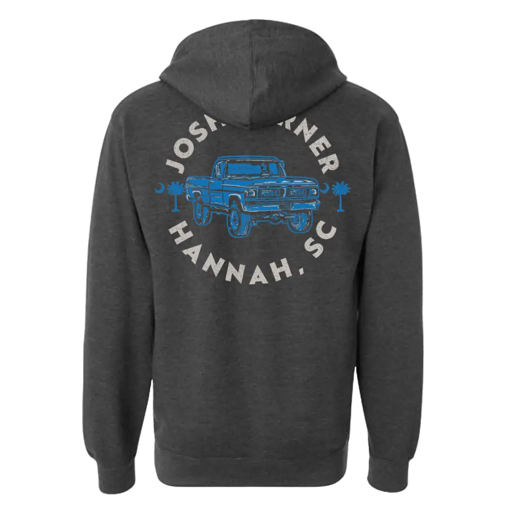 Dark gray hooded sweatshirt with a blue truck design and text on the back.