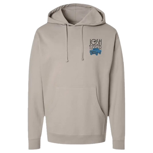 Beige hooded sweatshirt with a small logo on the chest.
