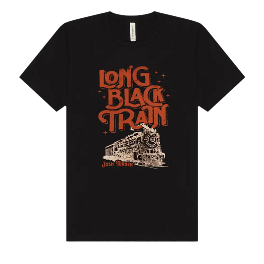 Black t-shirt with 'Long Black Train' graphic design on a white background