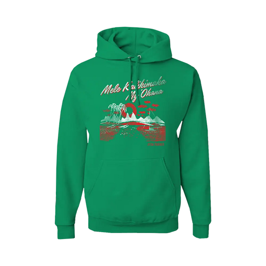 Green hooded sweatshirt with a tropical Christmas-themed graphic design on the front.