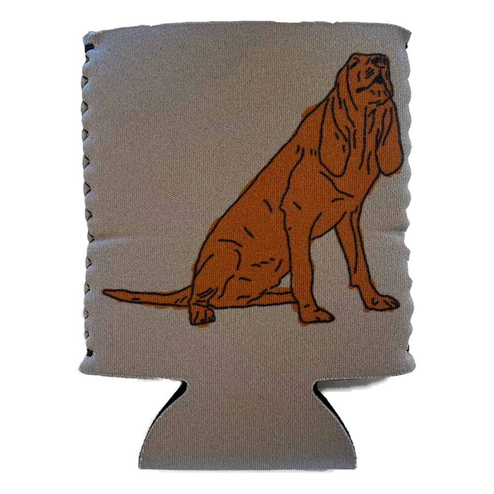 Beige can cooler featuring an illustration of a sitting orange bloodhound dog.
