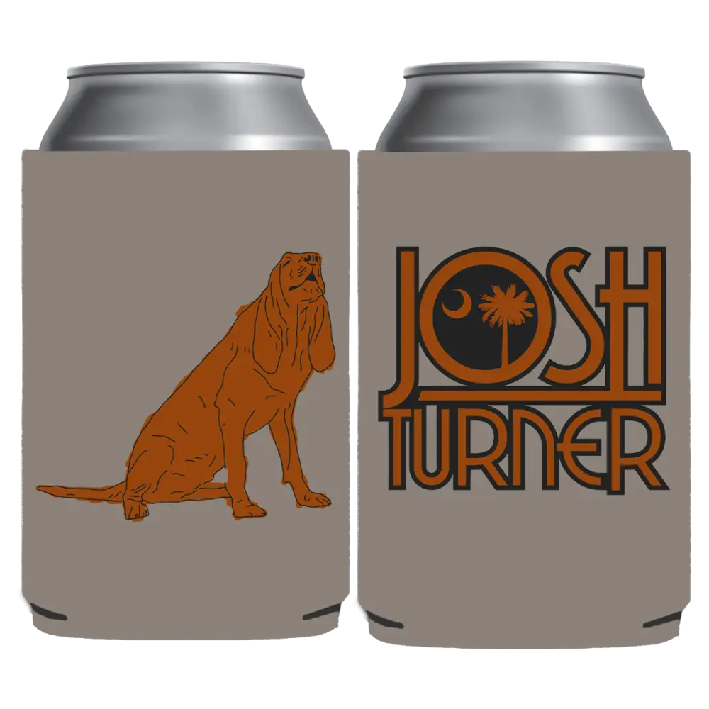 Beige josh turner can cooler featuring an orange illustration of a bloodhound and the artist’s name in matching orange lettering.