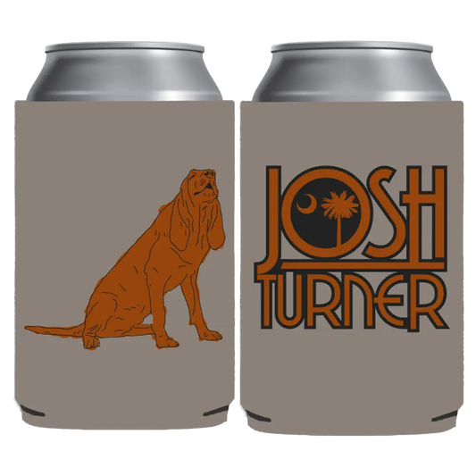 Beige josh turner can cooler featuring an orange illustration of a bloodhound and the artist’s name in matching orange lettering.