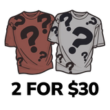 Two graphic t-shirts, one in muted terracotta and the other in off-white, both featuring a bold black question mark print across their surfaces.