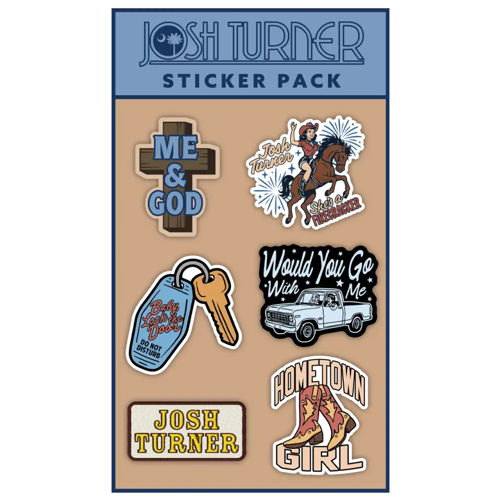 Josh turner sticker pack featuring colorful, illustrated designs on a beige background.