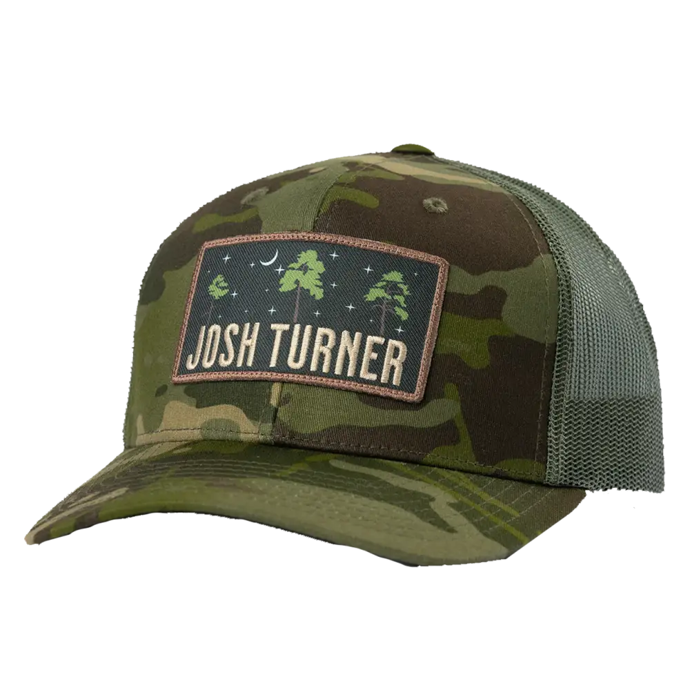 Camouflage-patterned trucker hat with a ’Josh Turner’ patch on the front.