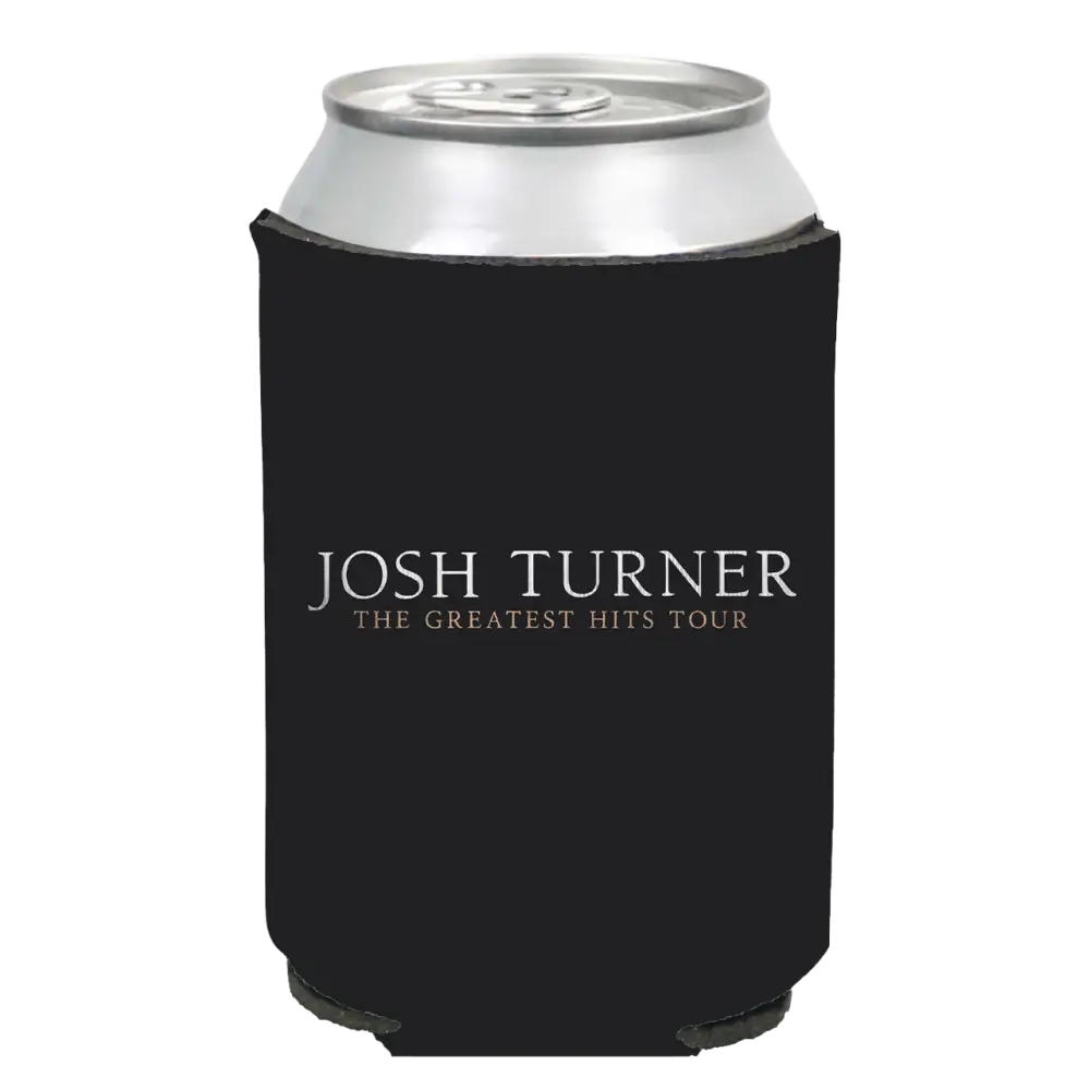 Black foam drink koozie with ’Josh Turner The Greatest Hits Tour’ printed on it.