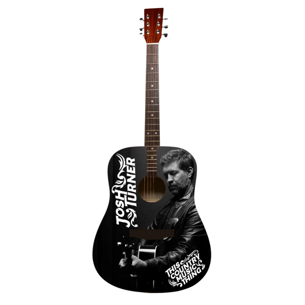 Acoustic guitar with 'This Country Music Thing' album artwork and Josh Turner's name, predominantly black color with white and red text and imagery.