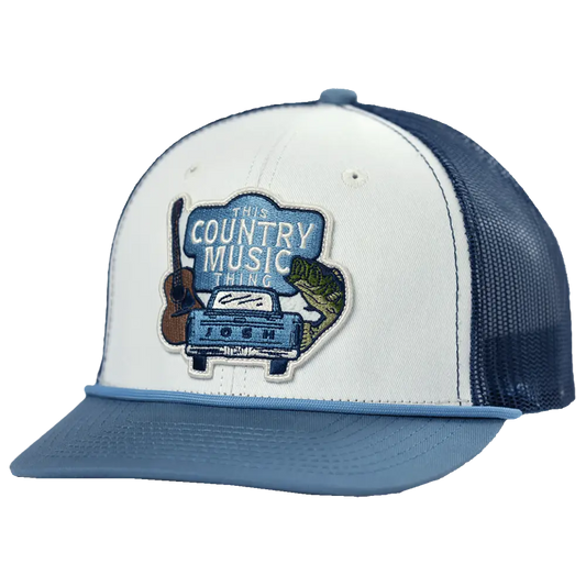 White and navy blue trucker hat featuring an embroidered patch with a guitar, vintage pickup truck, and fish design.