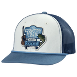 White and navy blue trucker hat featuring an embroidered patch with a guitar, vintage pickup truck, and fish design.