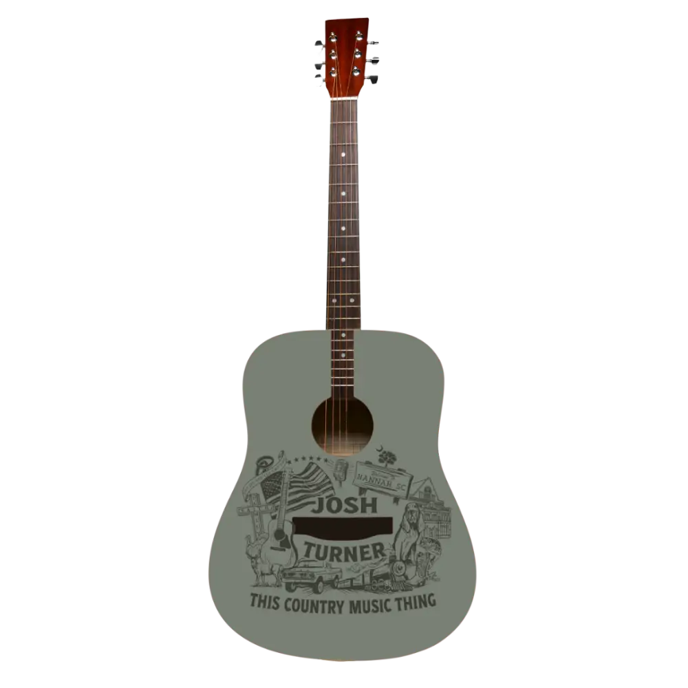 Illustrated acoustic guitar with text and country music-themed drawings on the body, predominantly in gray tones, with a signature at the bottom.