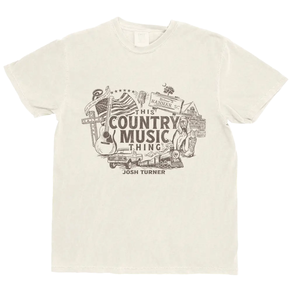 Cream-colored cotton t-shirt featuring a detailed black ink graphic of country music-themed icons including an american flag, guitar, vintage car, and train.