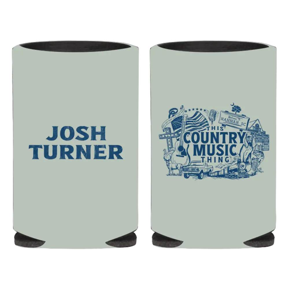 Pair of light blue can coolers with country music-themed designs printed on them.
