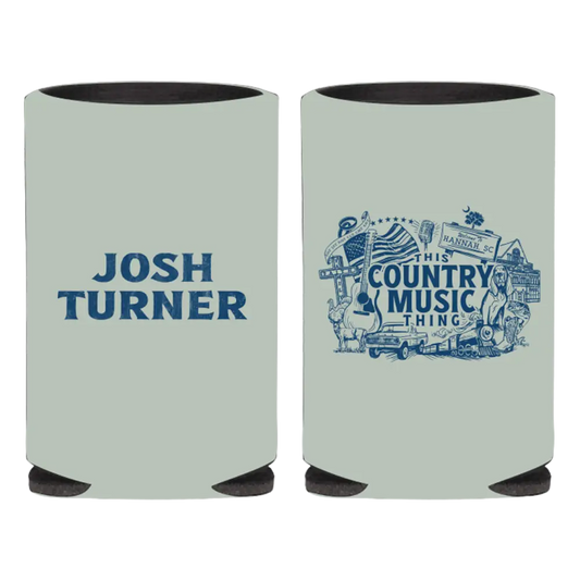Pair of light blue can coolers with country music-themed designs printed on them.
