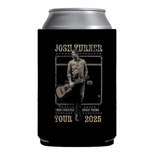 Black josh turner ’this country music thing’ 2025 tour can cooler with a monochrome graphic of the artist holding an acoustic guitar.