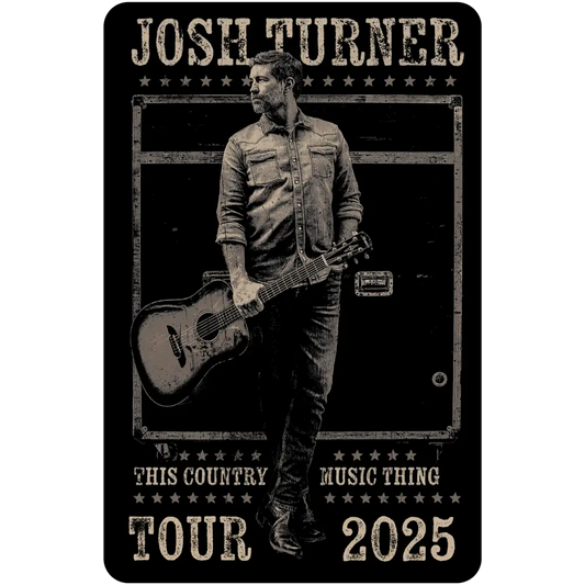 Black t-shirt featuring a sepia-toned graphic of country music artist josh turner holding an acoustic guitar, framed by stars and text reading ’this country music thing tour 2025.’