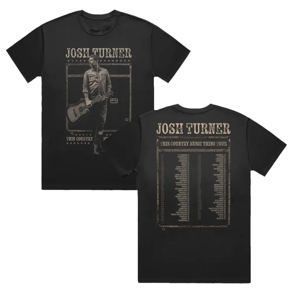 Black josh turner ’this country music thing tour’ t-shirt featuring a vintage-style graphic of the artist with guitar on the front and tour dates printed on the back.