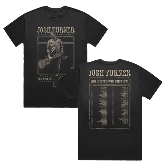 Black josh turner ’this country music thing tour’ t-shirt featuring a vintage-style graphic of the artist with guitar on the front and tour dates printed on the back.