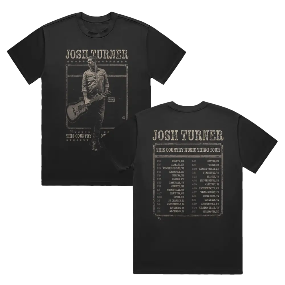 Black josh turner ’this country music thing tour’ t-shirt featuring a vintage-style graphic of the artist with guitar on the front and tour dates printed in an old-fashioned font across the back.