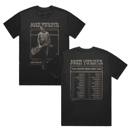 Black josh turner ’this country music thing tour’ t-shirt featuring a vintage-style graphic of the artist with guitar on the front and tour dates printed in an old-fashioned font across the back.