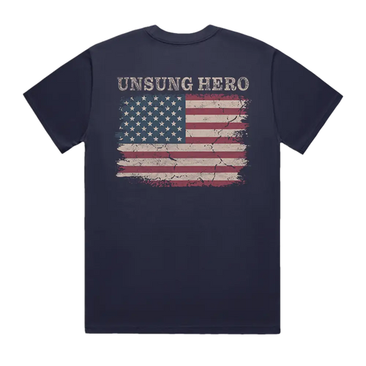 Navy blue short-sleeved t-shirt featuring a distressed american flag graphic with the text ’unsung hero’ above it.