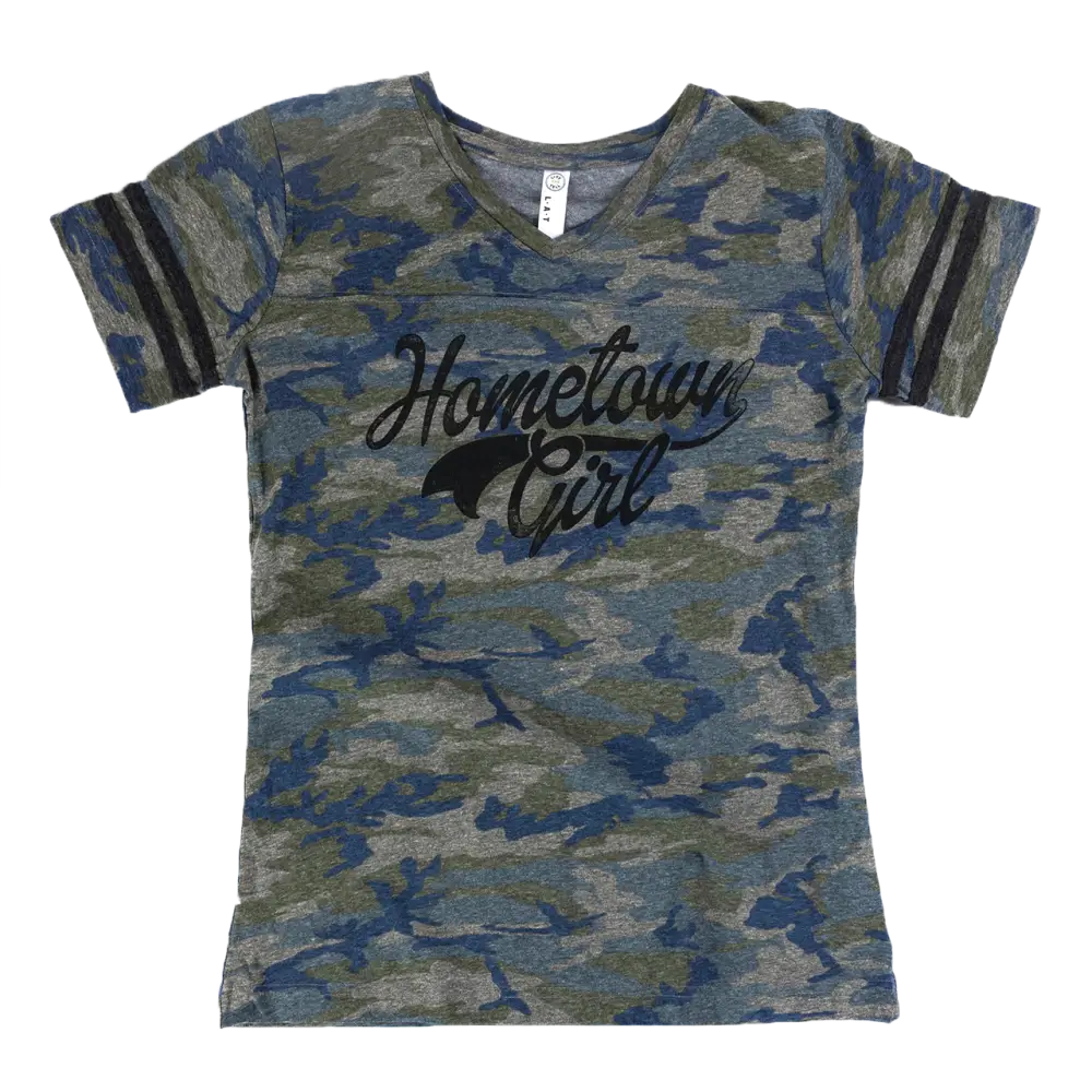 Camouflage-patterned t-shirt with ’Hometown Girl’ text and bear graphic.