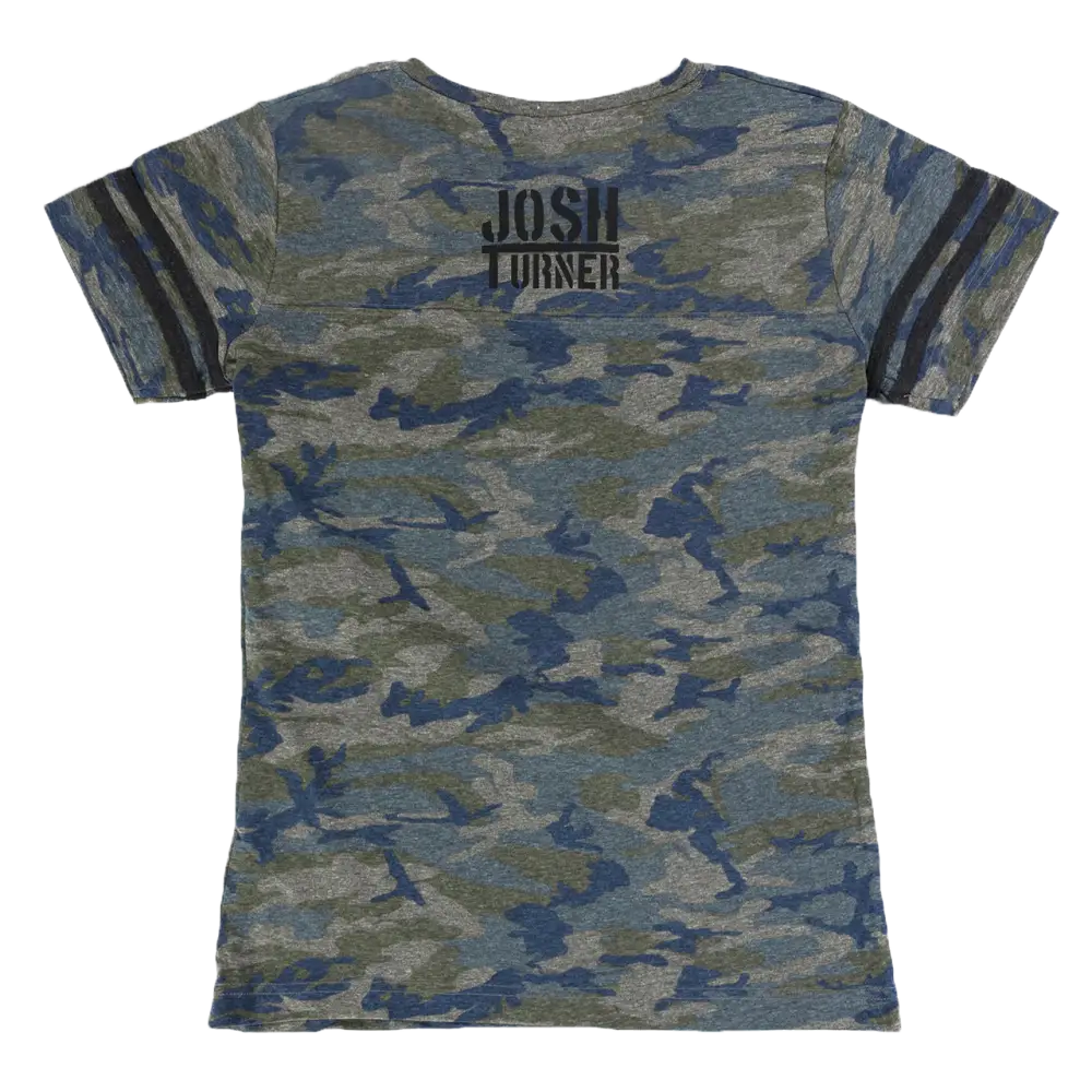Camouflage-patterned t-shirt with ’JOSH TURNER’ printed on the chest.