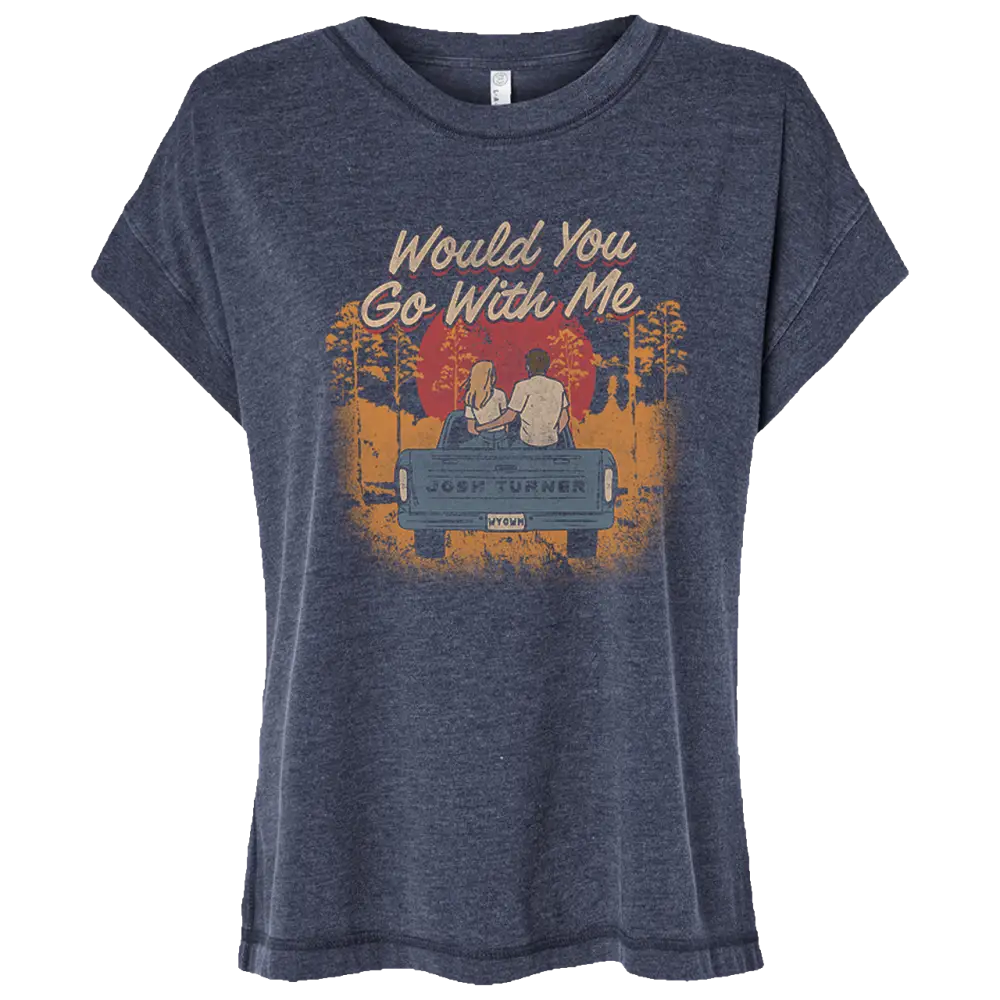 Heathered navy blue short-sleeved t-shirt featuring a vintage-style graphic of two people in the back of a truck with the text ’would you go with me’ and ’josh turner.’