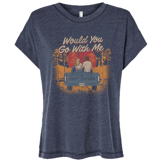 Heathered navy blue short-sleeved t-shirt featuring a vintage-style graphic of two people in the back of a truck with the text ’would you go with me’ and ’josh turner.’
