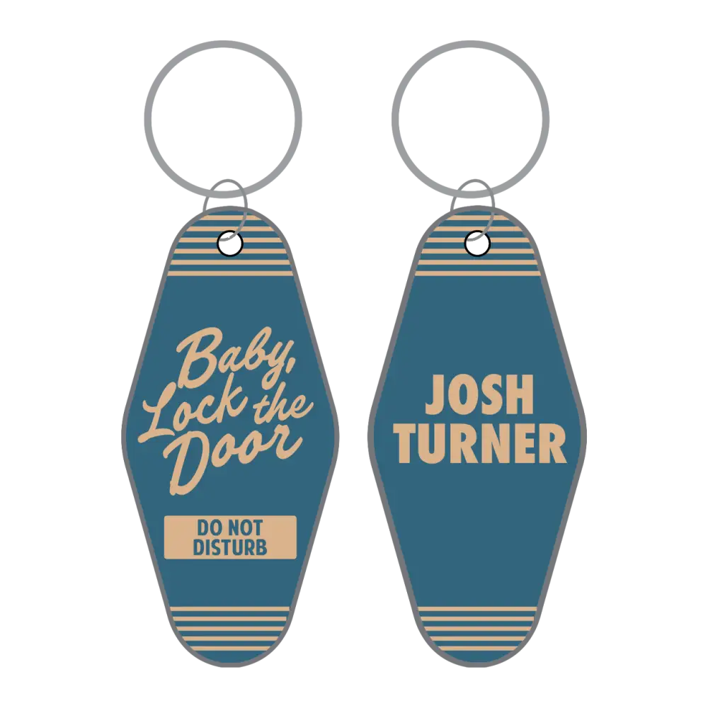 Two blue keychains with 'Baby, Lock the Door' and 'Josh Turner' text on a white background